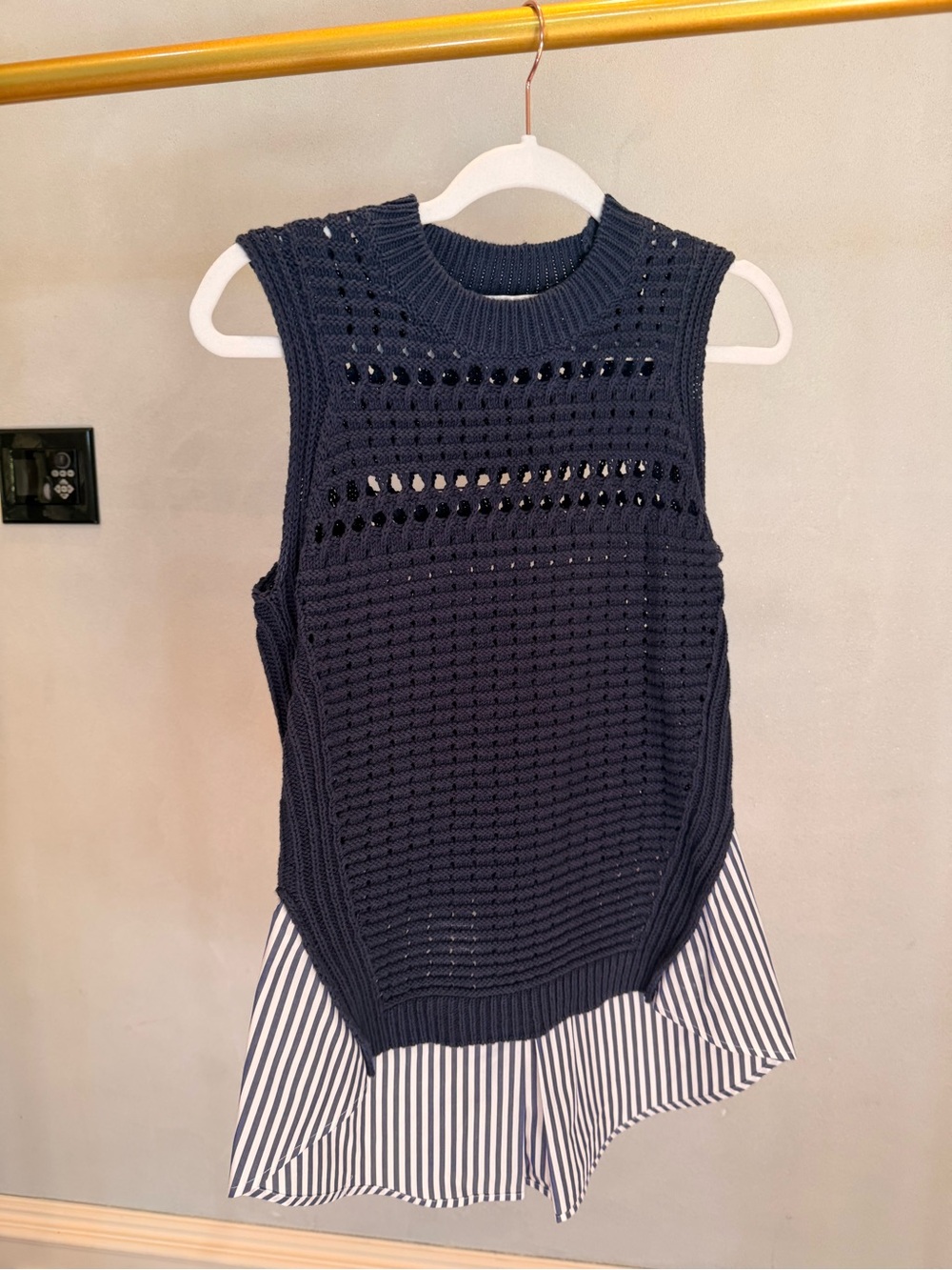 Veronica Beard Sleeveless Navy Knit Layered Top with Striped Hem